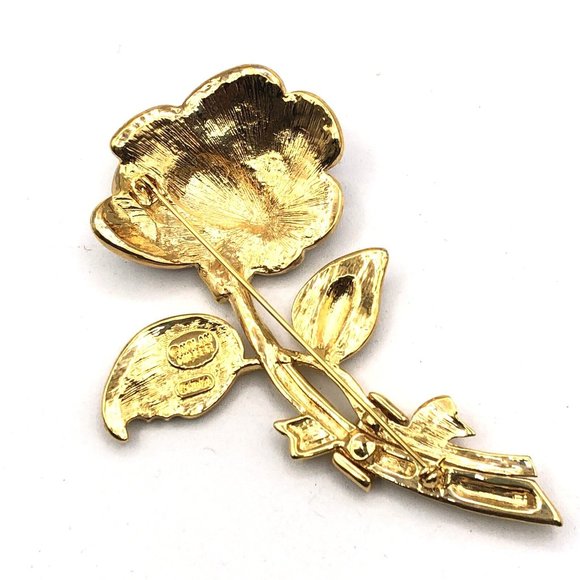 NOLAN MILLER Large Pave Rhinestone Rose Flower Gold Tone Pin Brooch 4" - Picture 6 of 10